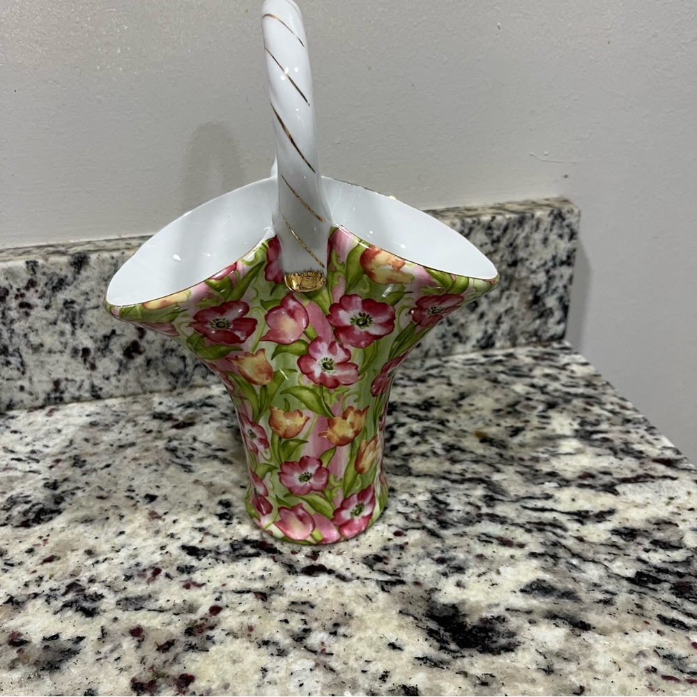 Formalities By Baum Bros Poppy Tulip Chintz Double Vase W/handle-Gold Trim